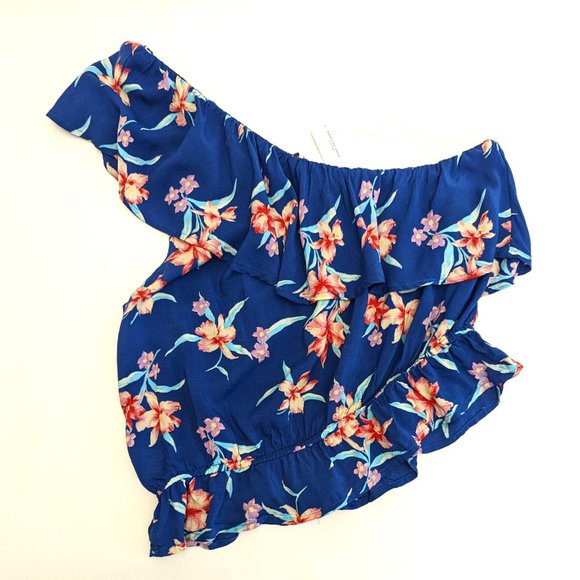 American Eagle One Shoulder Bubble Tank Top Blue Tropical Women's Size Large New - Picture 2 of 3